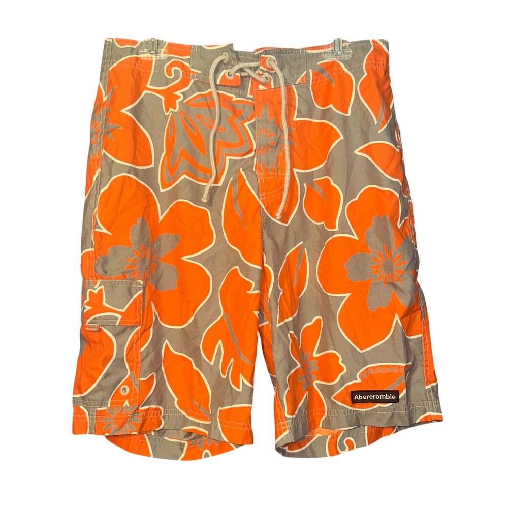 Abercrombie Board Shorts Y2K Surf Hibiscus Floral Mens 32 Orange Gray